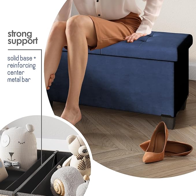 STORAGEBUD Storage Ottoman Bench with Bins, 43-in Storage Bench for Bedroom End of Bed, Folding Foot Rest Ottoman for Living Room Max 660lbs, Velvet Ottomans, Blue