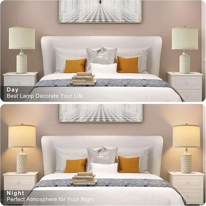 Luvkczc Vintage Farmhouse Table Lamp Set of 2, Grid Nightstand Lamp with Eye-Protecting Fabric Shade, 3-Color Temperature&2 Bulbs - Rustic Table Lamp Lamps for Living Room Bedroom Decor (21")