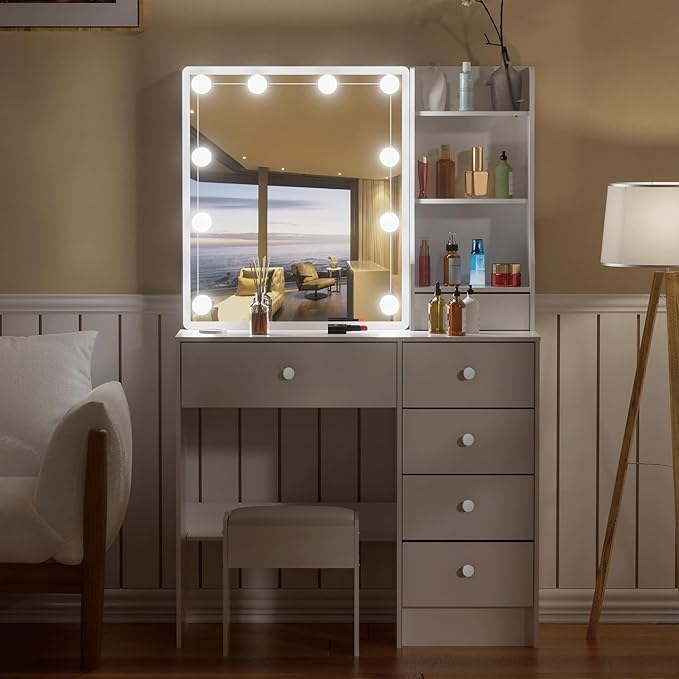 Vanity Desk with Mirror, 10 Lights, Makeup Table with 5 Drawers 6 Shelves, 3 Color Modes, Vanity Set with Chair for Bedroom, White
