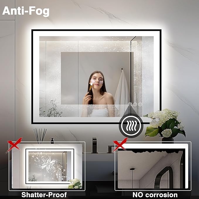 44x36 LED Light Mirror for Bathroom - Black Framed Mirror (Front and Backlit), Anti-Fog Bathroom Vanity Mirror, Stepless Dimmable Lighted Mirror, Tempered Glass, Memory (Horizontal/Vertical)