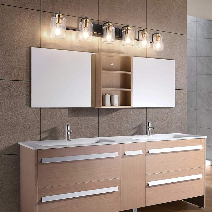 SOLFART Vintage Wall Vanity Lights for Bathroom Vanity Light 40 inch Black Globe Light Metal with Clear Glass Brass Fixtures Wall Mount Lighting Sconce 6 Light