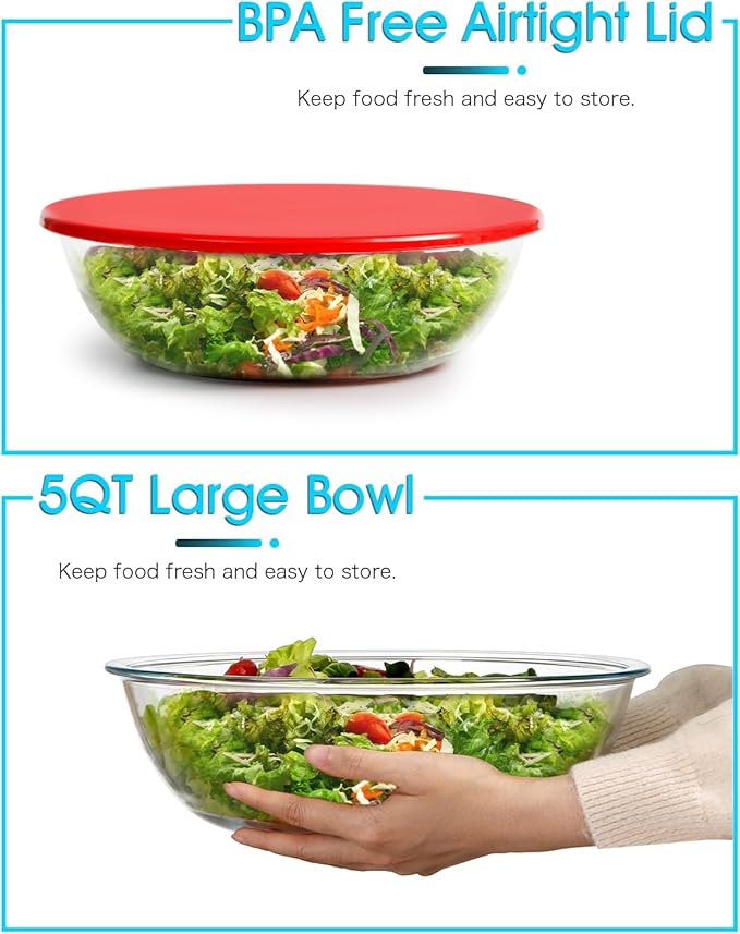 NUTRIUPS 4.76 Quart Large Glass Salad Bowl with Lid, Large Mixing Bowl for Pasta and Serving