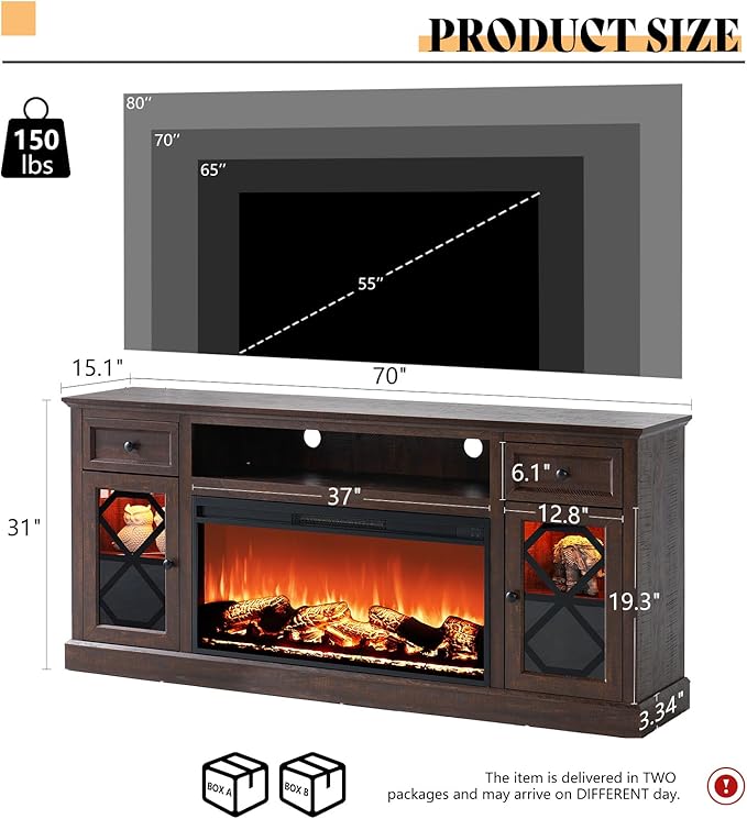 AMERLIFE Farmhouse 70" Fireplace TV Stand with 37" Fireplace, Large LED Media Entertainment Center for 80" TVs, 31" Tall Highboy TV Console Cabinet with Diamond Door for Living Room, Espresso