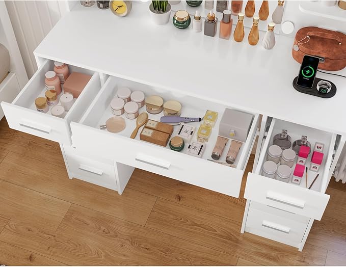 47.2" Large Vanity Desk with Mirror and Lights, Makeup Vanity with 11 Drawers & 6 Open Shelves, 3 Lighting Modes, Brightness Adjustable, White