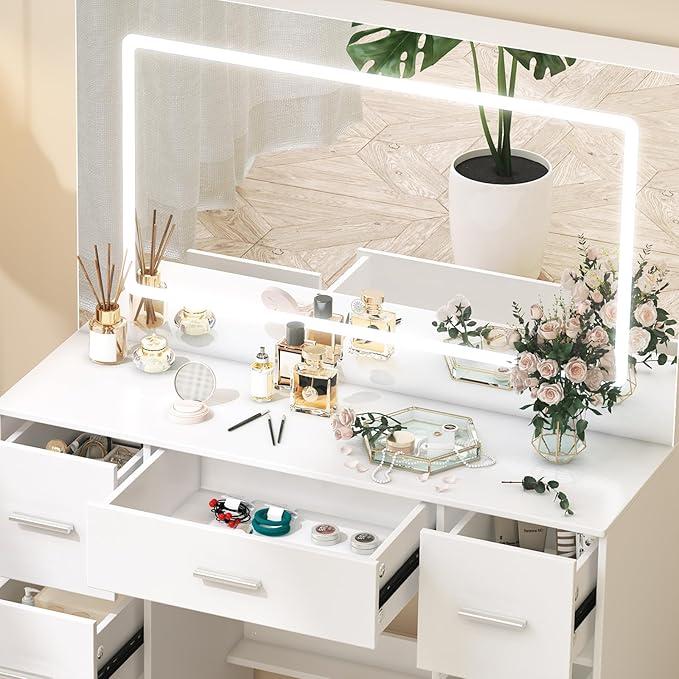 Vanity Desk with Mirror and LED Lights, 40" W Makeup Vanity Desk with 7 Drawers and Super Large Mirror, Derssing Table with 3 Color Modes and Adjustable Brightness, Modern Makeup Table