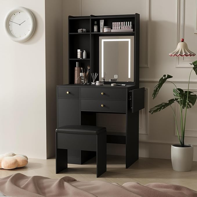ARTETHYS Vanity Desk with Mirror and Lights Black Makeup Vanities Set with Storage Chair Dressing Table with Drawer and Fold-up Panel for Bedroom