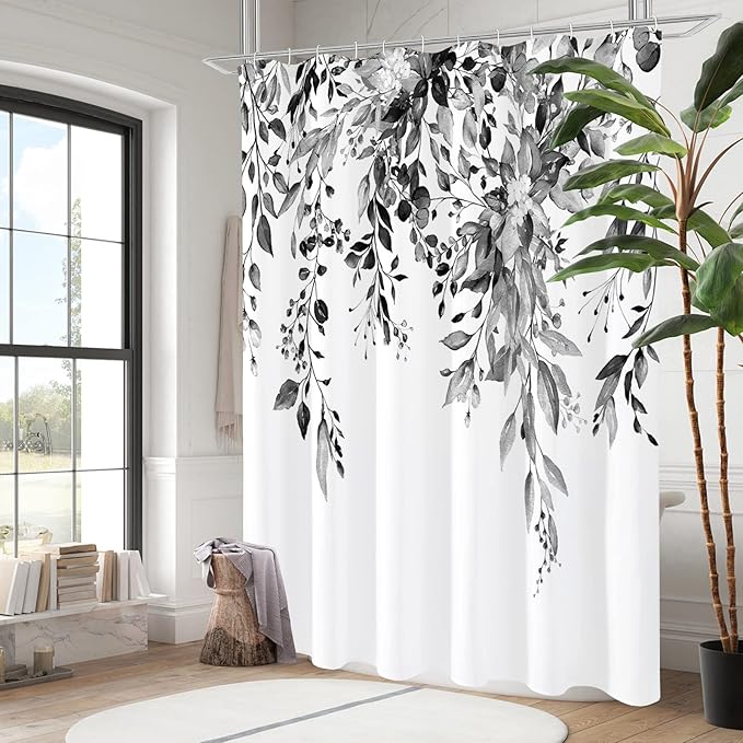 Gibelle Long Shower Curtain 72 x 78, Black and White Floral Shower Curtain, Watercolor Plant Eucalyptus Leaves Fabric Shower Curtain Set with Hooks