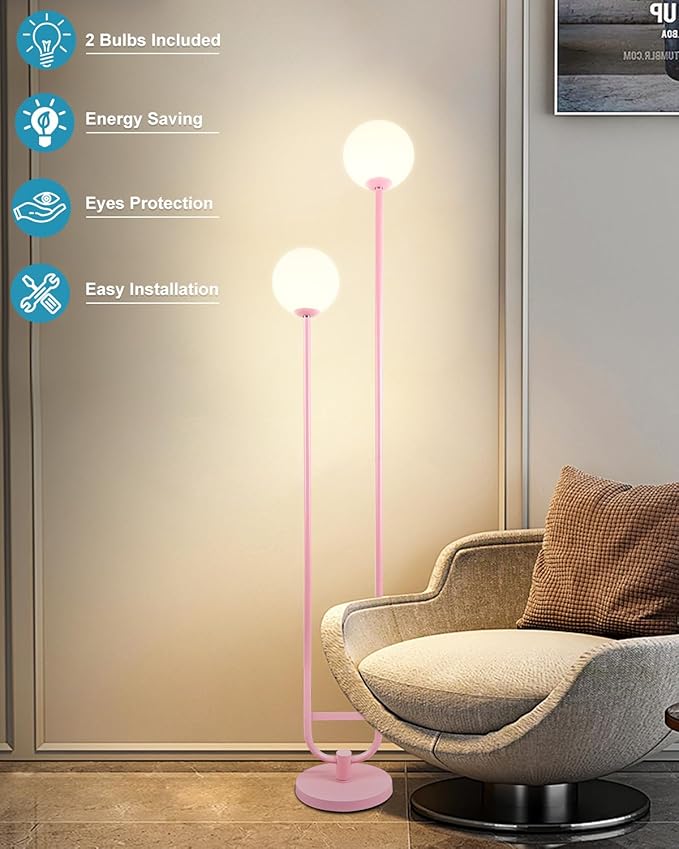 Lightdot 63IN Pink Floor Lamp, Modern Mid Century Globe Standing Lamps with 3000K LED Bulbs Candle Holder Style Unique Vintage Tall Floor Lamp for Living Room/Wedding