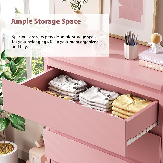Modern Pink 5 Drawer Dresser for Bedroom, 15" D x 23.7" W x 40.4" H in Simply Chest of Drawers, Wood Storage Dresser with Deep Drawers for Living Room Hallway Entryway, Pink