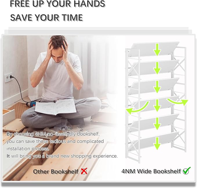 4NM Extra Wide 6 Tiers No Assembly Book Shelves, 61.8" H Folding Bookshelf Bookcase Open Industrial Foldable Shelves for Bedroom, Living Room, Home Office - All White