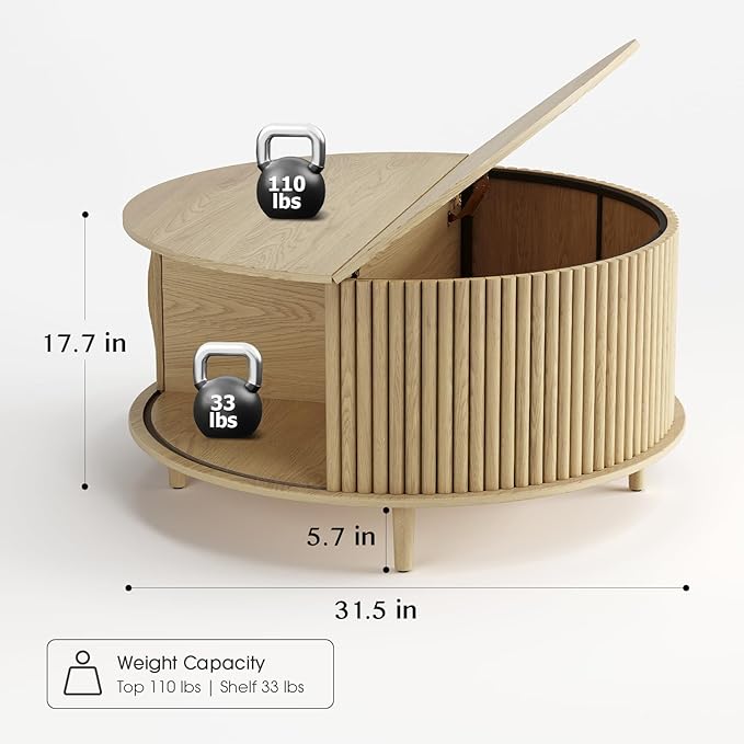 Round Coffee Table with Storage, Mid Century Modern Center Table with Sliding Cabinet Door, Fluted Dining Table for Living Room, Home Small Space, 31.5", Oak