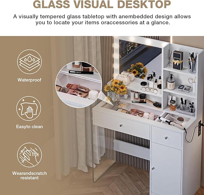 Vanity Desk with Mirror and Lights, Makeup Vanity Table and Chair Set with Power Outlet, 3 Color Modes Adjustable Brightness White Vanity, Dressing Table for Bedroom