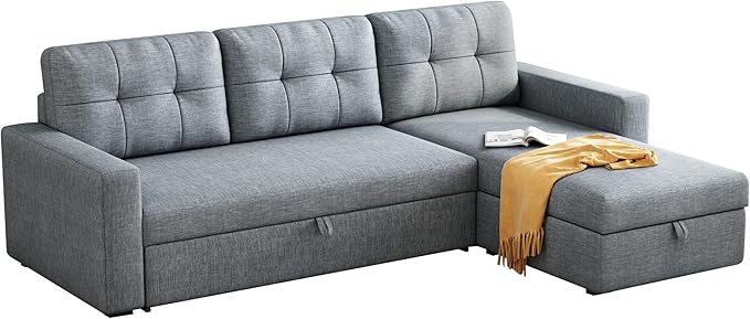 Upholstered Sleeper Sofa, L Shaped Sectional Couch with Reversible Storage, Convertible Corner Lounge Couches w/Pull Out Sofabed for Living Room, Apartment,Light Grey