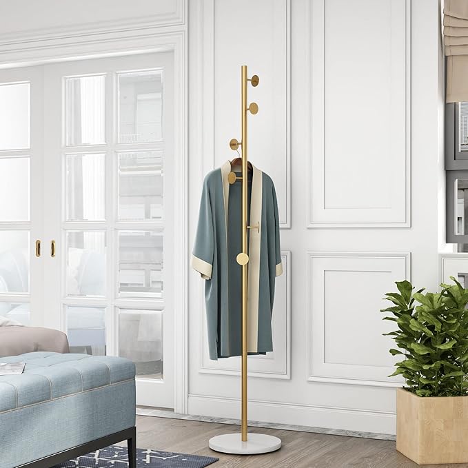 Gold Coat Racks, Metal Coat Rack Freestanding with Hooks, Entryway Coat Rack Stand, Coat Racks with Marble Base, Coat Tree for Hanging Clothes, Hats, Bags