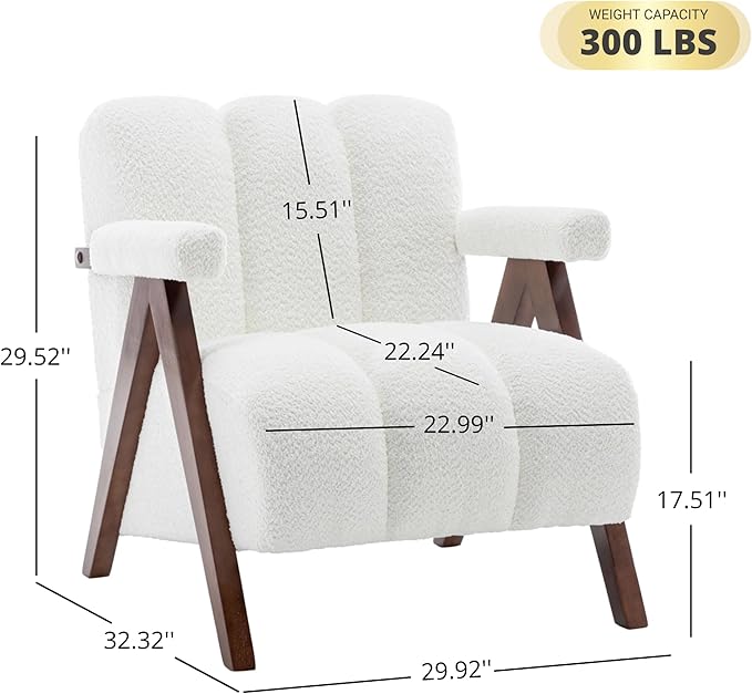 Mid Century Modern Accent Chair with Solid Wood Frame, Boucle Upholstered Living Room Chairs with Thick Cushion, Comfy Tufted Arm Chair for Bedroom, Ivory