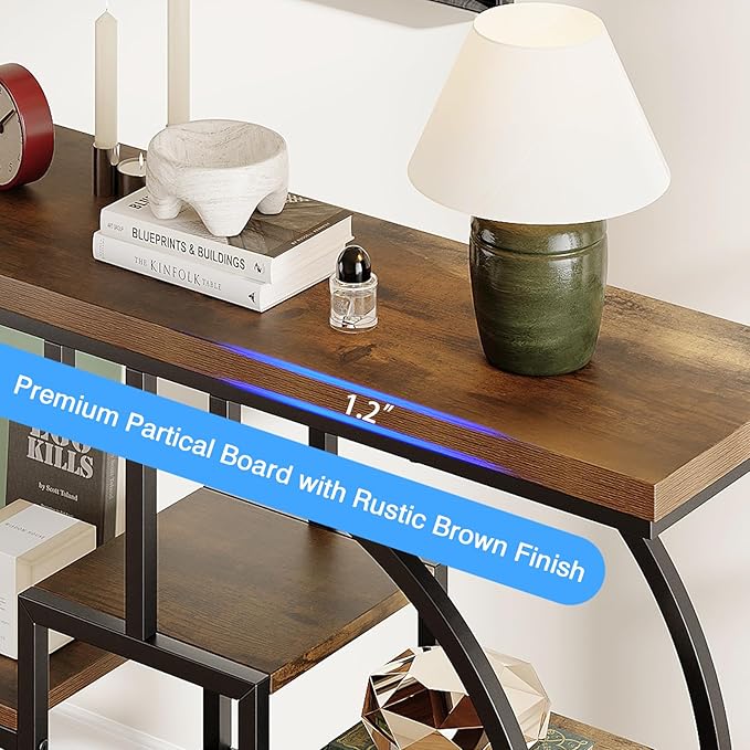 GiftGo Narrow Console Table for Entryway Industrial 4-Tier Sofa Table Behind Couch with Circle Base Rustic Wooden Accent Tables with Storage Shelves for Living Room, Hallway, Foyer (Brown)