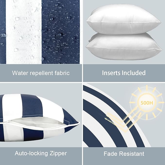 LVTXIII Set of 2 Patio Throw Pillows Waterproof 16"x16" Fade Resistant Outdoor Throw Pillows with Inserts, Fluffy Decorative Garden Toss Pillow Cushions for Home Patio Coach Sofa Use, Cabana Navy