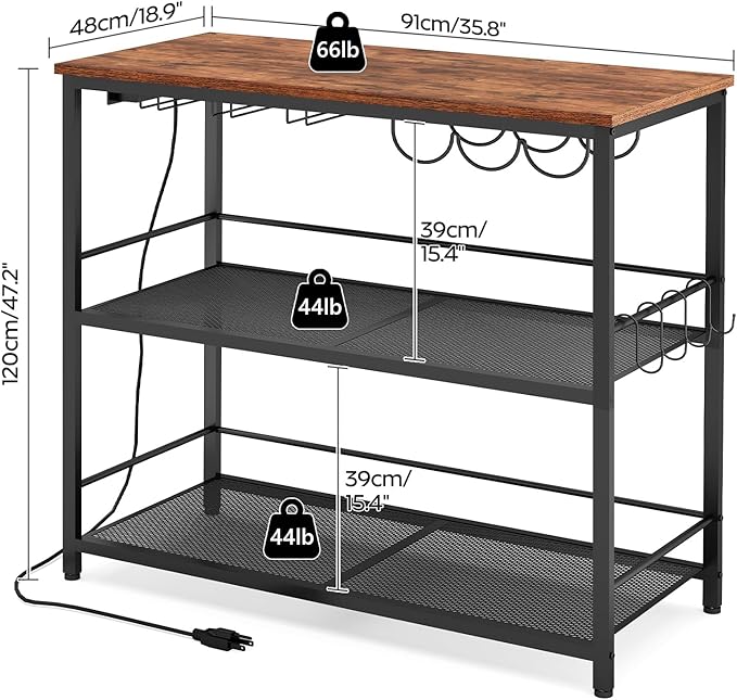 Kitchen Island with 3 Shelves, Kitchen Island with Power Outlet, Kitchens Storage Rack with 4 S Hooks, Microwave Stand Coffee Bar Station for Dining Room, Rustic Brown and Black KIHR91E01