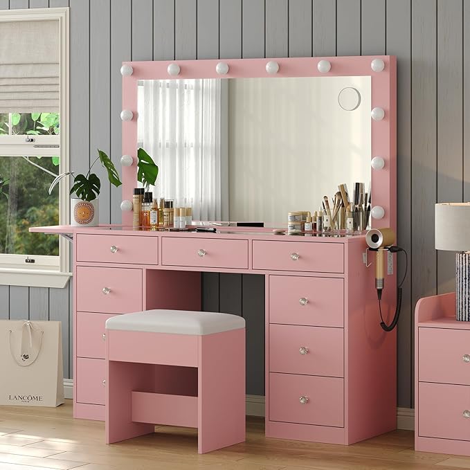 Vanity Desk with Power Outlet, Makeup Vanity with Lighted Mirror, 3 Lighting Modes Adjustable, 9 Drawers Vanity Table with Chair with Fold-up Panel, Glass Top, Dressing Table for Bedroom, Pink