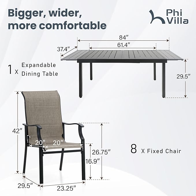 PHI VILLA 9 Piece Outdoor Dining Set for 8 Clearance, Patio Table and Chair Set with Expandable Metal Steel Table & Extra Large High Back Armrest Dining Chairs for Patio, Deck, Yard