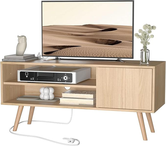 Cozy Castle TV Stand for 48 Inch TV, Mid Century Modern Entertainment Center with Storage Cabinet, TV Media Console with Charging Station for Living Room, Bedroom, Oak