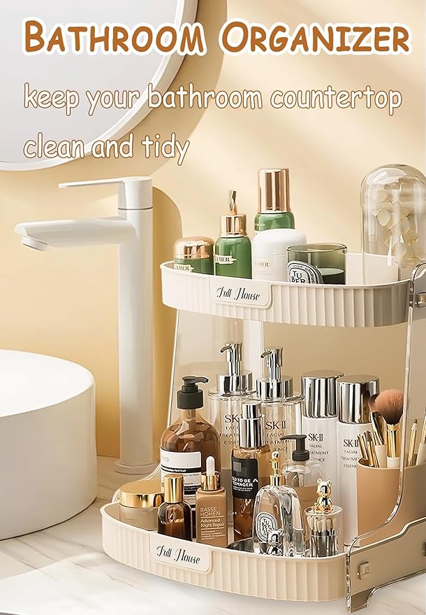 Skincare Organizers 2 Tier, Makeup Organizer Countertop, Cosmetic Display Cases, Makeup＆Skincare Organizer for Vanity, Desktop, Bathroon, Ideal Gifts for Women (Beige-2 Tier)