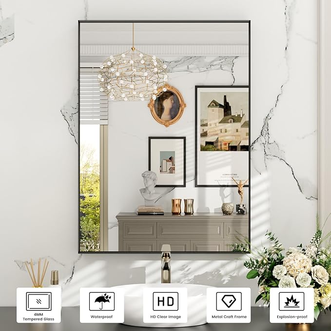 Black Bathroom Mirror, 22x30 inch Black Vanity Mirror with Metal Frame, Tempered Glass, Square Corner, Farmhouse, Entryway, Wall Mounted Rectangle Mirror(Vertical/Horizontal)