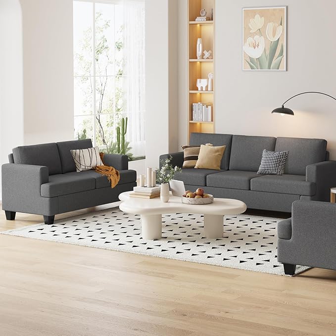 Furnimart 85 inch Grey 3 Seater Couches, Modern Cozy Deep Seat Sofa, Comfy Fluffy Couch for Living Room, Small Couches for Small Space, with Removable Sofa Cover, Dark Grey