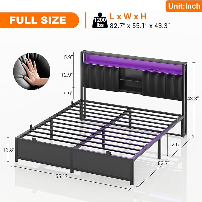 Aheaplus Full Size Bed Frame with Charging Station & Led Light, Platform Bed with Leather Upholstered Headboard and Storage, Metal Slats Support, No Box Spring Needed, Noise-Free, Black