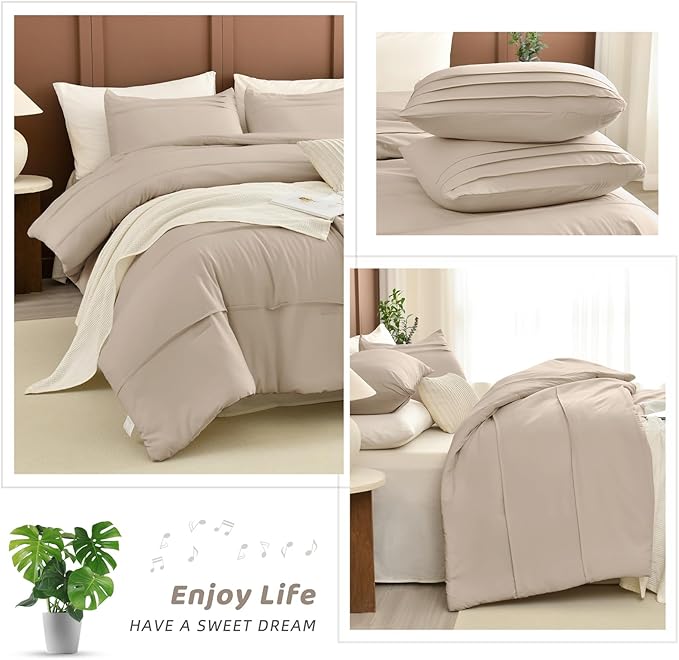 Sanracie Cotton Queen Comforter Set(90"x 95"),Pinch Pleated Linen Colored Breathable Comforter Sets 3Pcs Extra Soft Lightweight Neutral Bedding Set for All Season