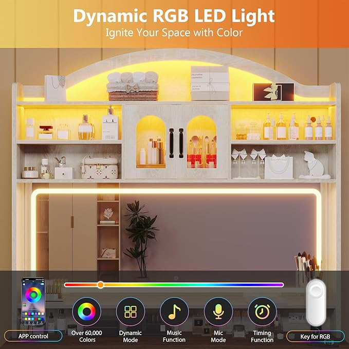 Farmhouse Makeup Vanity with Mirror and Lights 3 Colors, 76.8" Vanity Desk with 5 Drawer,Storage Cabinets,LED Light,Dressing Table with Power Outlets, Storage Shelves,Antique White