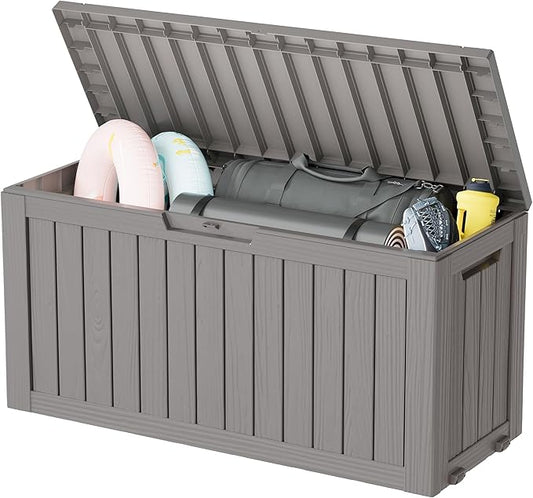 75 Gallon Outdoor Storage Box, Waterproof Resin Deck Box with Lockable Lid, Patio Furniture Side Table & Storage Bin for Package Delivery, Patio Cushions, Garden Tools, Pool Accessories, Grey