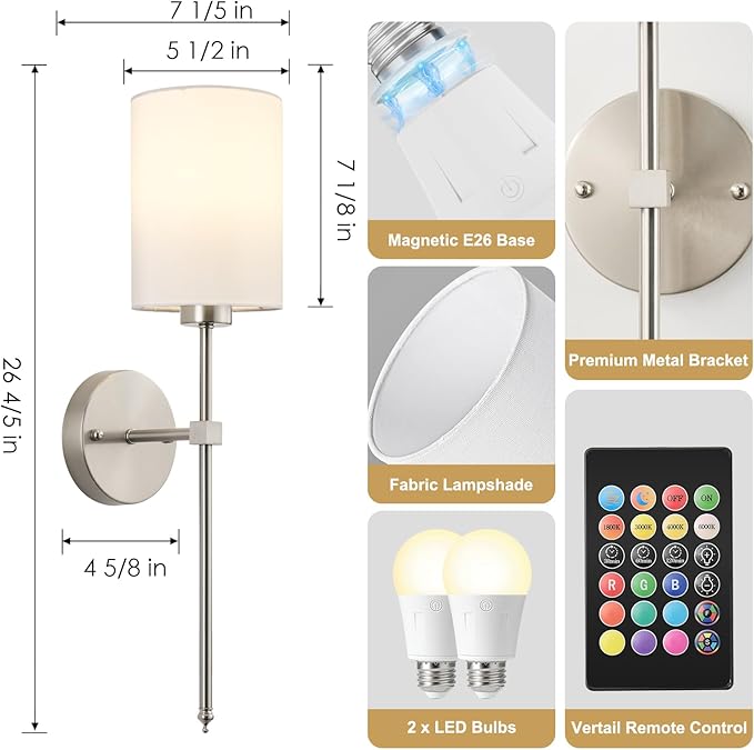 Battery Operated Wall Sconce Set of Two,Wireless Rechargeable Wall Light With Remote Control, Dimmable, 1800K/3000K/4000K/6000K/RGB, Timer, for Living Room, Bedroom, Fireplace, TV, 26.8 Inch, Nickel