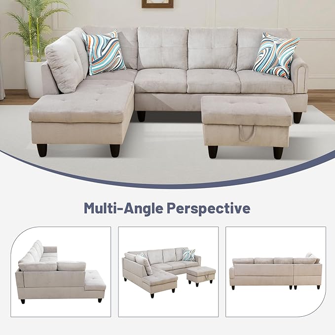 L-Shape 3-Piece Cloud Sofa, Couch for Living Room, Grey White Corduroy Fabric L-Shape with Reversible Chaise & Storage Ottoman, Ergonomic 110–115° Recline, Solid-Wood Frame