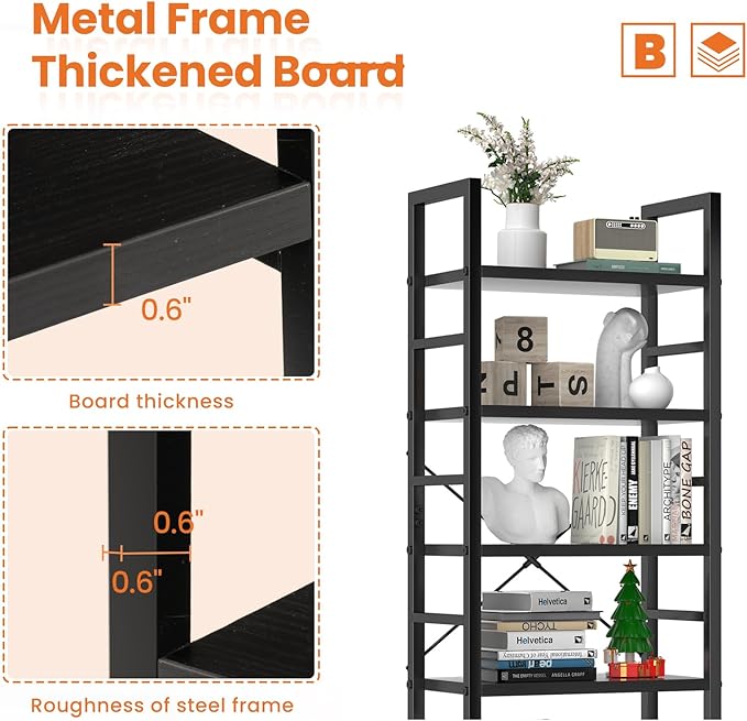 Sweetcrispy Book Shelf, 5 Tier Bookcase, Modern Tall Bookshelf for Garage Kit, CDs, Movies, Industrial Corner Storage Organizer for Bedroom Home Office Kitchen Living Room, Black