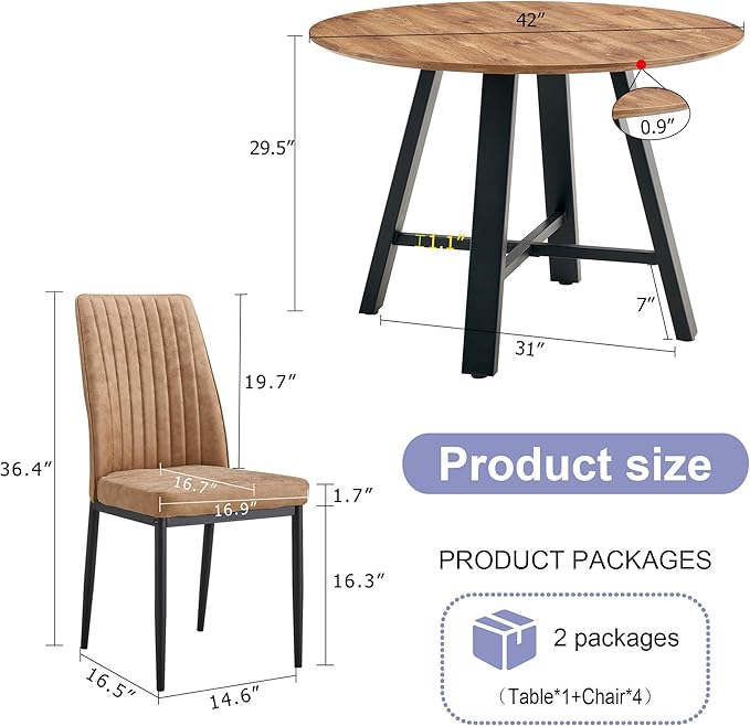 Round Dining Table Set for 4, Round Kitchen Table Chairs Set for 4,42" Modern Circle Dining Table Set for 4 with Leathaire Chairs for Small Space Kitchen Living Office Apartment