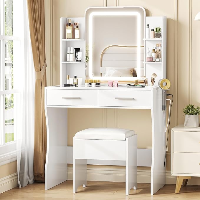 Vanity Desk with Mirror and Lights, Makeup Vanity with Glass Top & Power Strip, White Vanity with 2 Drawers for Women, 3 Lighting Modes Adjustable Brightness, Dressing Table with Stool for Bedroom