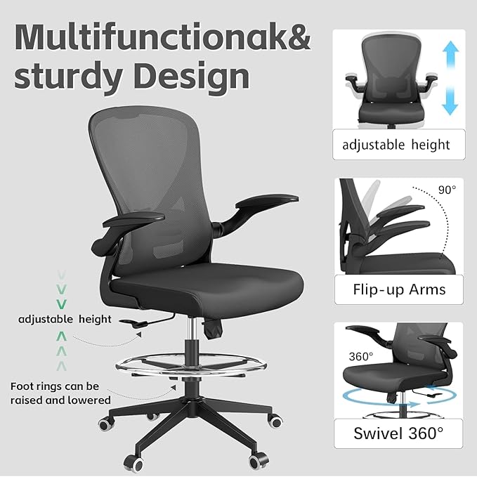 Drafting Chair, Ergonomic Tall Office Chairs for Standing Desk, Home Office Desk Chair with Lumbar Support and Adjustable Flip-up Armrests & footrest (06H-Black)