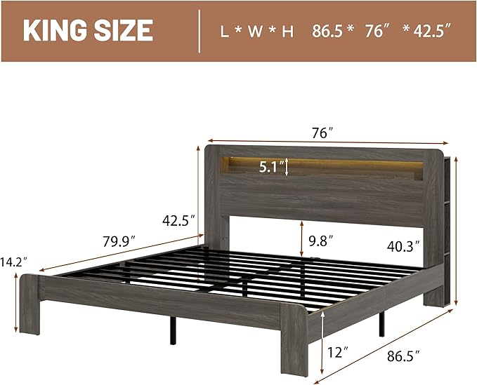 Wood King Size Bed Frame with Headboard, Farmhouse Platform Bed Frame with Bookcase Shelf,LED Lights,Charging Station,Heavy Duty Supports,No Box Spring Needed,Dark Grey