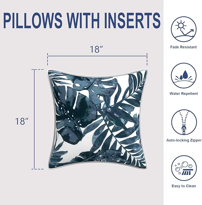 Outdoor Throw Pillows Inners, Fade Resistant Patio Furniture Square Pillows with Piping Set of 2, 18x18 Inch, Palm Blue