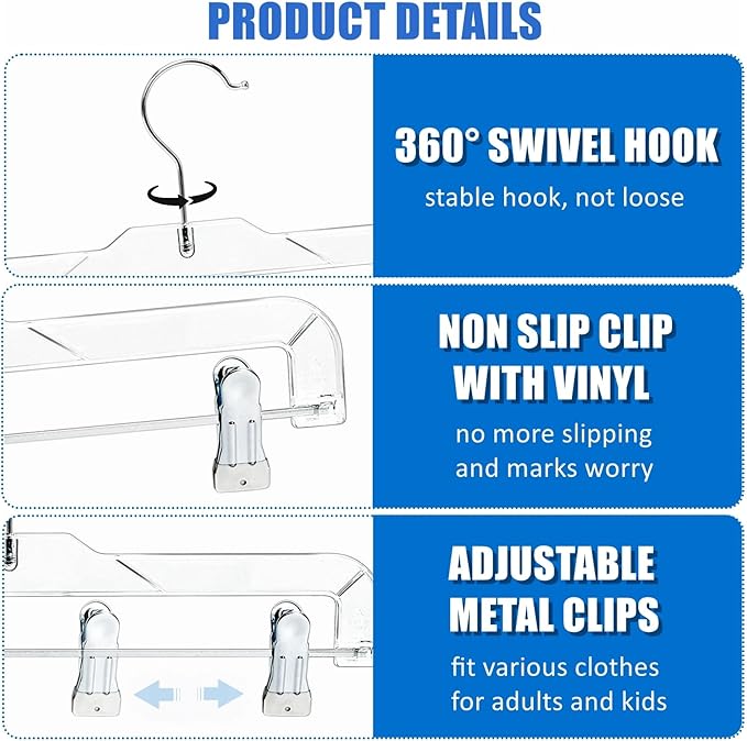 Amber Home 24 Pack Clear Plastic Jeans Pants Skirt Hangers, Bottom Hangers with Adjustable Clips & 360 Swivel Hook, Crystal Clear Plastic Clothes Hangers for Jeans, Pants, Skirts, Short