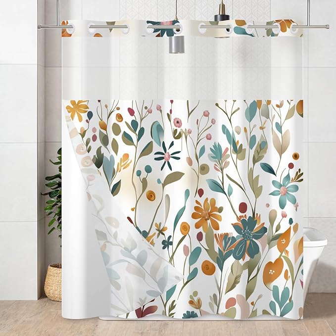 No Hook Shower Curtain with Snap in Liner, Colorful Flower Floral Heavy Duty See Through Window Waterproof Machine Washable Bathroom Curtain 71" W x 74" L (Pack of 1)