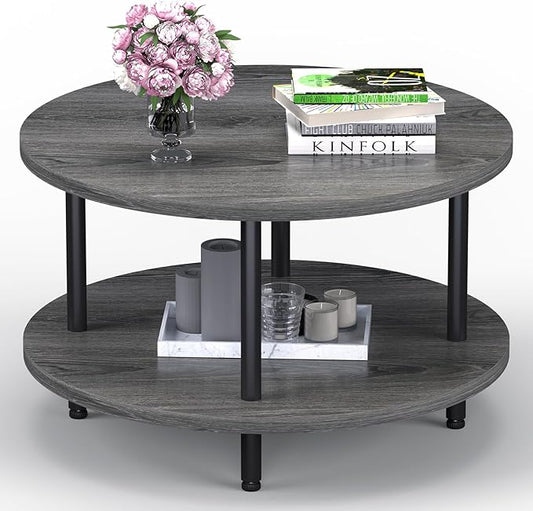 Coffee Table, 2 Tier Coffee Tables for Living Room, Round Coffee Table with Storage, Floor Table for Bedroom, Home Office, Grey (23.6" D x 18.1" H)