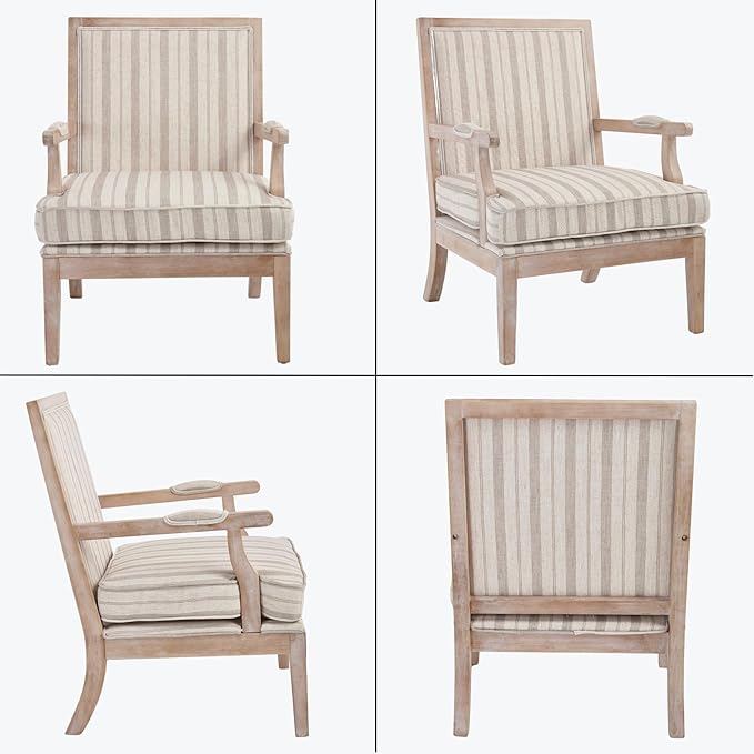 chairus Farmhouse Linen Accent Chair for Living Room, Upholstered Reading Chair with Solid Wood Frame Lounge Arm Chair with High Back for Bedroom, Reception Room, Waiting Room, Khaki Stripe