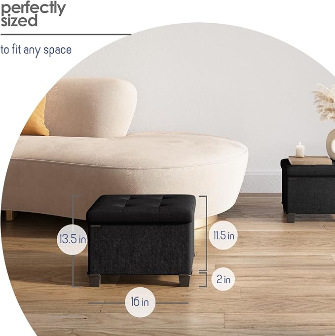 STORAGEBUD Storage Ottoman Cube with Small Bin, 16-in Square Ottoman with Storage for Living Room and Bedroom, Small Ottomans Foot Rest, Fabric Foot Stools Ottomans Max 330lbs, Black