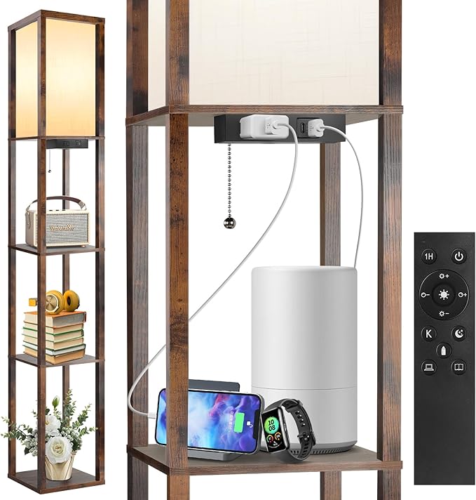 OUTON Shelf Floor Lamp with Remote, Rustic Brown