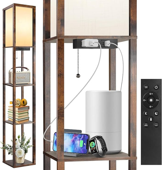 OUTON Shelf Floor Lamp with Remote, Rustic Brown