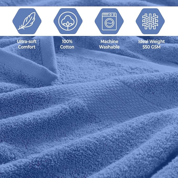Pack of 8 Towels Set, 2 Large Bath Towels, 2 Hand Towels, 4 Wash Cloths, 100% Cotton, Lighter Weight, Quicker to Dry, Super Absorbent, Perfect for Bathroom (Blue)