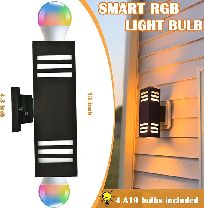 RGB Smart Wall Lights, 2 Pack Front Porch Light Fixtures, Square Color-Changing Outdoor Sconce With E26 Base, IP65 Waterproof Up and Down Lights With Sensor