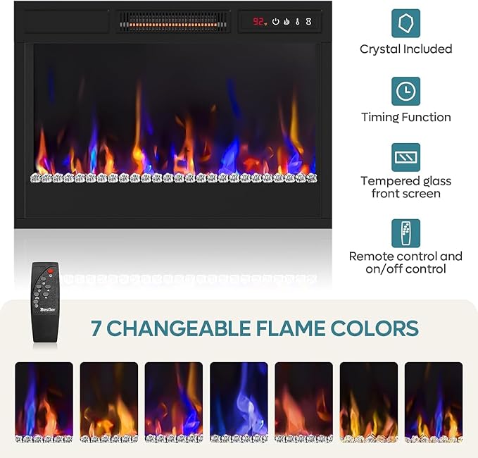 Bestier 70" Electric Fireplace TV Stand for TVs Up to 75", Modern Entertainment Center with Storage Cabinets, LED Lights, Open Shelves and Cable Holes for Living Room, Dark Walnut